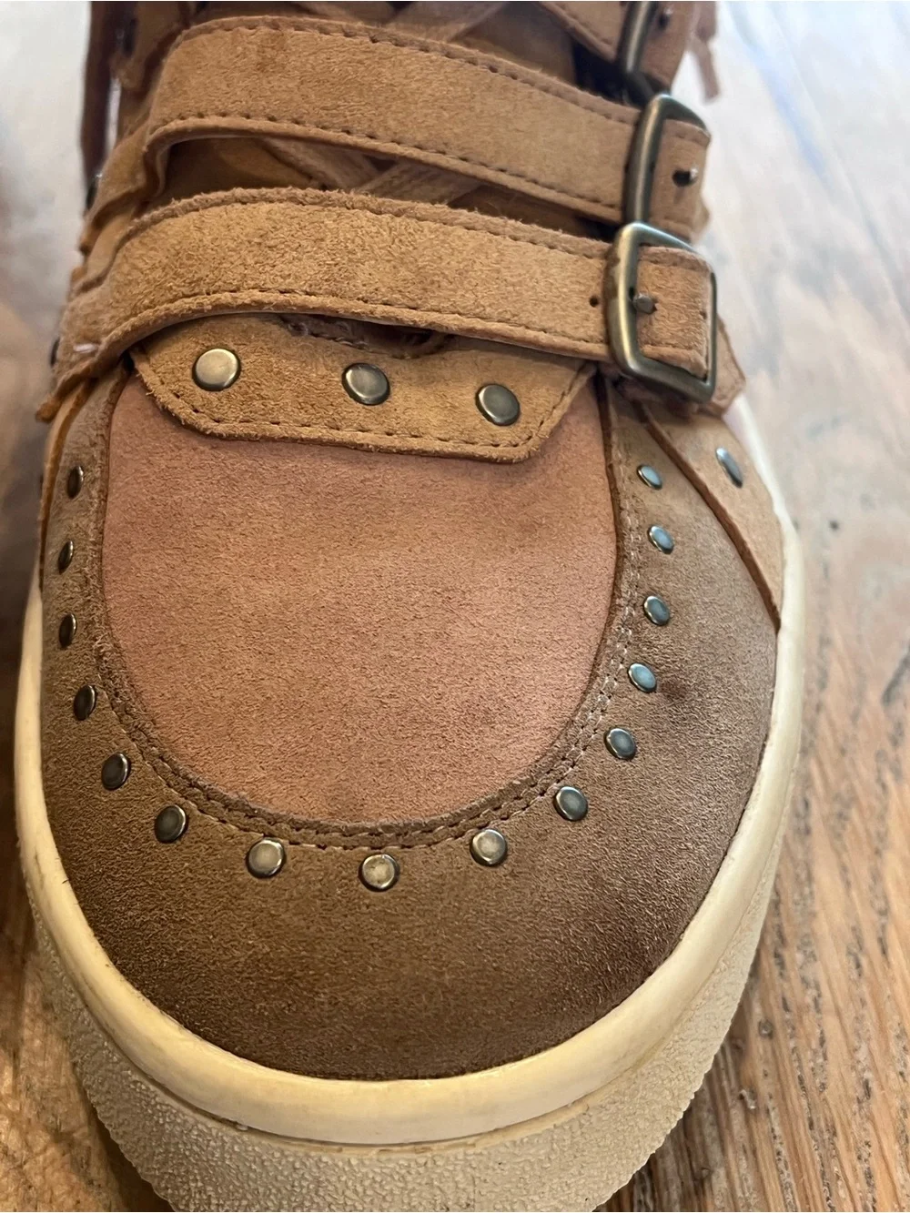 COACH G3887 Women’s 11B Suede High Top Sneakers Beige/Brown Lace-Up Buckle Zip